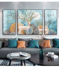 Arte en lienzo para decoración de sala de estar, ciervo dorado y fondo azul y pájaros dorados, simplicidad moderna, abstracto, nuevo estilo 2024 - compra barato