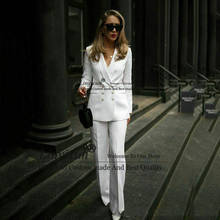 Terno formal feminino branco com calça, calça de trabalho para mulheres escritório blazer abotoamento duplo 2024 - compre barato