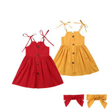 Criança crianças bebê menina vestido princesa cinta botão a linha vestido sólido túnica vestido de festa sem mangas vestido de verão 1-6years 2024 - compre barato