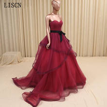 New Simple Formal Party Sweetheart Pleated Corset Open Back Burgundy Tulle Tiered Black Belt Ball Gown Prom Dresses Fashion 2024 - buy cheap