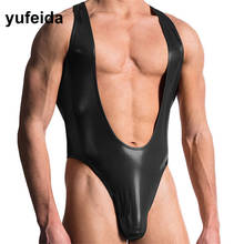 Yufeida Male Gay Open Bust Sexy Catsuit Faux Leather Sexy Men's Underwear Black Bodysuit Leotard Undershirt Jumpsuit Clubwear 2024 - buy cheap