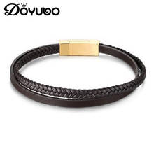 DOYUBO Korean Fashion Brown Genuine Leather Bangles Gold Color Stainless Steel Square Tag Chamr Bracelet For Women Jewelry DD095 2024 - buy cheap