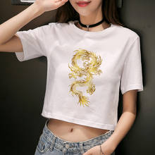 Camiseta de manga corta con dibujo de dragón de estilo chino para mujer, Camiseta corta Sexy con cuello redondo, Top corto de estilo informal blanco 2024 - compra barato
