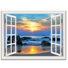 5d faça você mesmo pintura diamante ponto cruz janela mar pôr do sol paisagem do oceano azul furadeira completa strass mosaico de bordado de diamante 2024 - compre barato