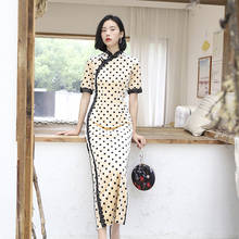 LZJN 2019 новые женские китайские традиционные Cheongsam элегантные тонкие восточные стильные кружевные платья Длинные Qipao с принтом в горошек с коротким рукавом 2024 - купить недорого