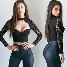 Sexy Women Lady Lace Long Sleeve Crop Tops Blouse Shirt Bustier Bralette Shirts 2024 - buy cheap