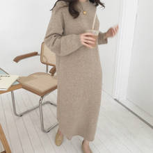 Vestido suéter feminino manga comprida, vestido feminino tricô gola redonda grande 2024 - compre barato