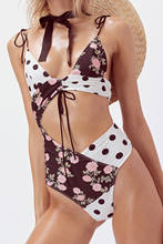 Слитный купальник с цветочным и черным принтом в горошек, сексуальный женский Монокини на шнуровке, пляжный купальный костюм для девушек, купальник с вырезами, 2022 2024 - купить недорого