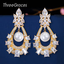 ThreeGraces-pendientes colgantes largos de Zirconia cúbica para mujer, aretes de lujo, Color dorado, indio, gran perla, joyería para fiesta de boda, ER355 2024 - compra barato