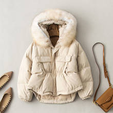 Aibeautyer Winter 90% White Duck Down Irregular Jacket Beige Loose Warm Snow Outwea Big Real Raccoon Fur Hooded Short Coat 2024 - buy cheap