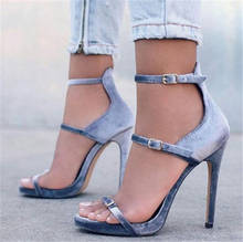 Women Grey Thin Strap Buckled Velvet Sandals High Heels Party Stiletto Heels Open Toe Gladiator Thin heels Strappy Sandals Shoes 2024 - buy cheap