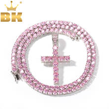 O king bling fashion corrente de tênis cz rosa 4mm, com pingente de cruz colar totalmente gelado zircônia cúbica hip-hop mulheres presentes joias 2024 - compre barato