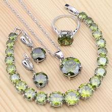 Conjuntos de joyas de plata esterlina 925 para mujer, conjunto de pendientes y collar de circonia cúbica verde oliva, anillo con colgante, pulsera 2024 - compra barato