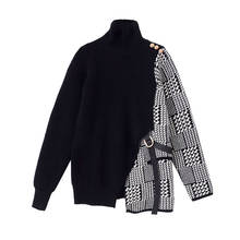 Suéter pulôver de retalhos de outono feminino, blusas de gola alta soltas e preguiçoso com malha e casaco 2024 - compre barato