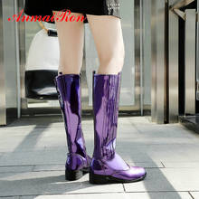 ANMAIRON 2019 Cool Motorcycle Boots  Patent Leather  Knee High Boots Round Toe Square Heel Winter Boots Women Short Plush 34-43 2024 - buy cheap