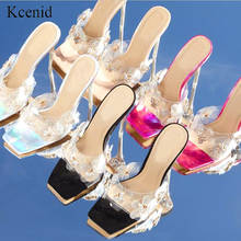 Kcenid 2020 novas flores de cristal verão chinelos pvc transparente saltos finos sapatos mulher claro slides salto alto sandálias 2024 - compre barato