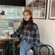 Camisa feminina coreana de lapela, camisa xadrez adorável com lapela, estilo japonês ulzzang, roupas vintage para mulheres 2024 - compre barato