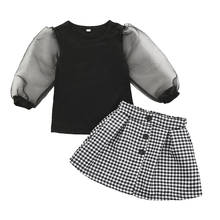 Conjuntos de ropa para niñas pequeñas de 1 a 6 años, camisetas de manga abombada de encaje, Tops a cuadros, minifaldas, trajes 2024 - compra barato