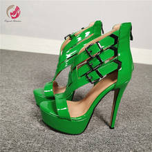 Original Intention Stylish Green Patent Leather 3 Buckles Sandals Woman High Platform Thin High Heels Popular New Sandals Lady 2024 - buy cheap