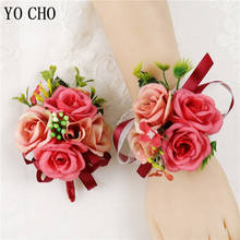 YO CHO Silk Roses Wedding Corsages Men Suit Boutonniere Groomsmen Corsages and Boutonnieres Wedding Sister Wrist Bracelet Flower 2024 - buy cheap