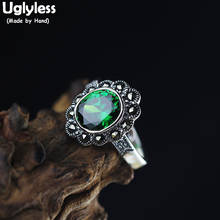 Uglyless vintage marcasite thai prata anéis abertos para as mulheres verde cristal anéis real 925 prata floral bijoux jóias finas r906 2024 - compre barato