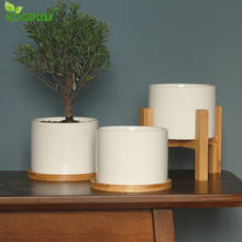 Vaso de plantas suculentas de cerâmica, branco, vaso de flores com parte inferior do bambu, suporte para artesanato, vaso de plantas para escritório, jardim, decoração de casa 2024 - compre barato