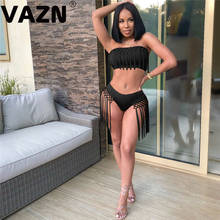 VAZN Hot sale 2020 summer sexy lady black solid short 2-piece set strapless tops and body shorts set tassel young girl beach set 2024 - buy cheap