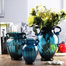 Европейская голубая стеклянная ваза с двумя ушками, гидропоника, Террариум, стеклянные контейнеры, Настольная Ваза для растений, Цветочная раковина, украшение для дома и свадьбы 2024 - купить недорого