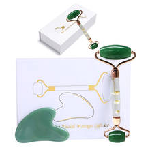 Natural rosa de quartzo jade rolo e gua sha conjunto gouache raspador face lifting massager scrapers ferramenta para rosto pescoço volta corpo 2024 - compre barato