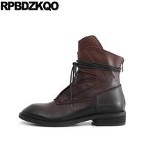 Sapatos frente rendas até botas de tornozelo casuais outono mulher marrom designer de pele tamanho grande dedo do pé redondo 10 plus chunky 12 44 couro genuíno 2024 - compre barato