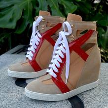 100% Real Photos Girls 80 mm Height Increasing Wedge Shoes Woman Round Toe Lace Up Front Zipper Back Casual Ankle Boots Sneakers 2024 - buy cheap