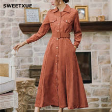 SWEETXUE Vintage Long Dress Elegant Corduroy Long Sleeve Lapel Single Breasted Pocket Belt 2019 Fall Winter New Fashion Dresses 2024 - buy cheap