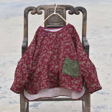 Camisa feminina o pescoço algodão linho manga comprida 2020 primavera outono impresso floral solto bolsos casuais vintage blusa feminina 2024 - compre barato