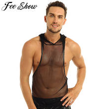 Black Sleeveless Mesh Openwork Fishnet See Through Men Sexy Tank Top Nightclub Evening Party Costume Male Hooded Vest Undershirt 2024 - buy cheap