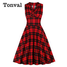 Tonval Women High Waist Red Plaid Vintage Ruched A Line Dress Female Sleeveless V-Neck Wrap Elegant Midi Dresses 2024 - buy cheap