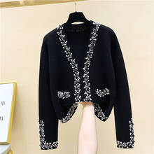 Heavy Industry Beads V-neck Knitted Cardigan Coat for Women 2021 Autumn/Winter New Loose Knit Jacket Femme Black Fashion Sweater 2024 - buy cheap