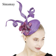 Feminino 4 camadas sinamay fascinators penas flor millinery chapéu elegante headwear headbands senhora elegante alta qualidade 2024 - compre barato