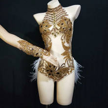 Sparkly Gold Silver Rhinestone Bodysuit Women Sexy See Trough Feather Tail Birthday Party Nightclub Singer Dance Stage costume 2024 - buy cheap