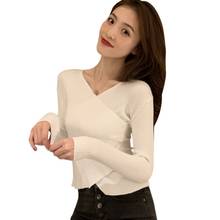 Camiseta de punto de manga larga para otoño, camisa elegante de Color sólido con cuello en V 2024 - compra barato