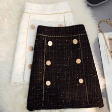 Falda de Tweed para mujer, de cintura alta minifalda, acampanada, con dos botones, a la moda, Otoño e Invierno 2024 - compra barato