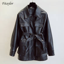 Fitaylor-chaqueta de cuero para mujer, abrigo de piel sintética Vintage medio largo, chaquetas holgadas de motocicleta negras, trajes de cintura con cinturón anudado 2024 - compra barato