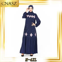 Vestido muçulmano tamanhos grandes, vestido islâmico moda plus size abaya femme musulman outono azul bordado vestido muçulmano 2024 - compre barato