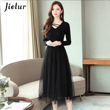 Jielur New Autumn Winter Dress V-Neck Slim Black Mesh Vestidos De Festa Elegant Solid Color Women Dress M-XXXL High Waist 2021 2024 - buy cheap