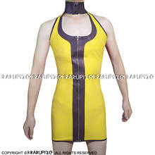 Yellow And Black Trims Sexy Latex Dress With Buttons On Neck Zipper At Front Rubber Bodycon Playsuit LYQ-0081 2024 - buy cheap