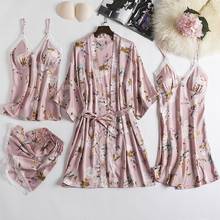 4PCS Women Sleepwear Sleep Suit Lace Print Pajamas Sets Spring Silky Satin Kimono Strap Top&Short Pijamas Chest Pads Nightgown 2024 - buy cheap