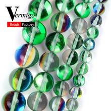 Miçangas redondas com cristal austríaco verde suave para fazer joias 6/8/10/12mm, acessórios para pulseiras faça você mesmo de pedra de lua com glitter 15" 2024 - compre barato