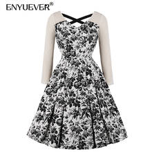 Enyuever vestido floral preto elegante, feminino, manga longa, robe de malha com alça para cima, vestidos vintage 50s, 60s, roupas retrô 2024 - compre barato