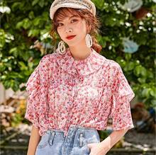 Camisa de gasa floral para mujer, blusa francesa de malla con manga de cinco puntos, top Vintage para mujer 2020 2024 - compra barato