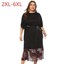 2021 новые летние размера плюс длинное платье для женщин большие свободные повседневные футболки с коротким рукавом в стиле ретро с круглым вырезом платья ремень черный 4XL 5XL 6XL 7XL 2024 - купить недорого