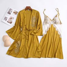 MECHCITIZ  Women Pajamas Set Silk Robe Gown Set Autumn Sexy Sleepwear Lace Lingerie Summer Women Pyjamas Home Suit Bathrobe 2024 - купить недорого